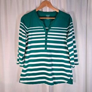 L.L. Bean‎ Womens Top M REG Green White Striped 3/4 Sleeve Cotton Casual